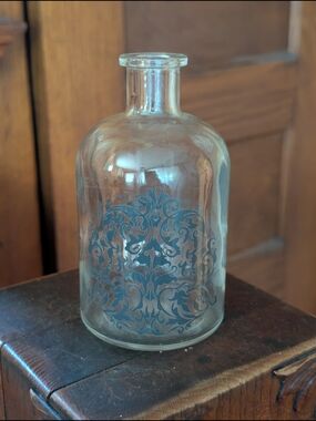 Clear Glass Decorative Apothecary Bottle with Grey Damask Motif